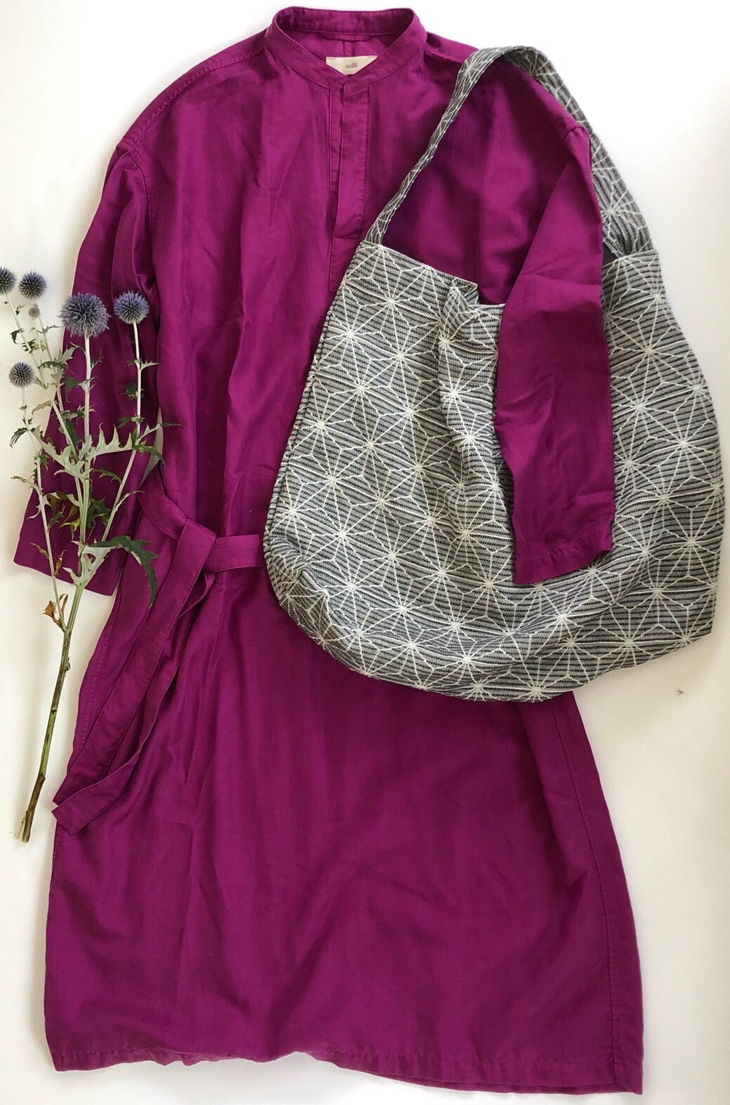 リネン麻の葉柄ショルダーバッグ&ポーチ セット